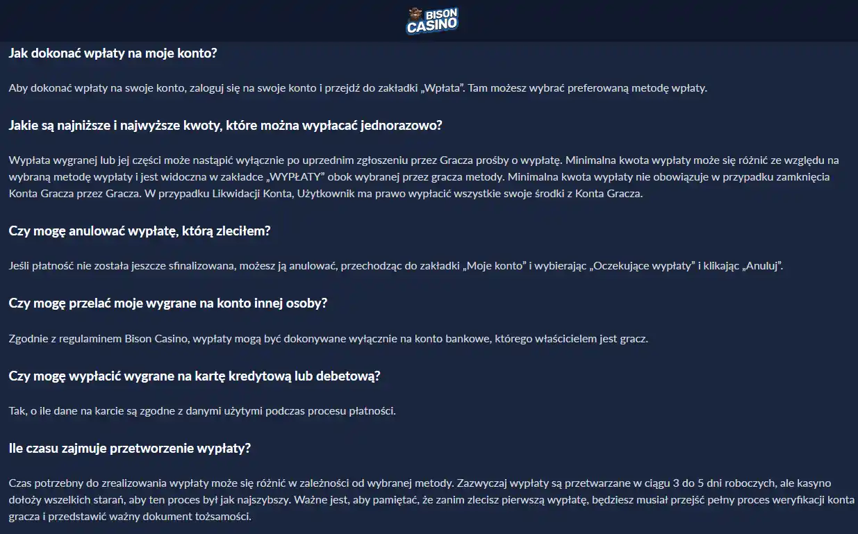 Ekran wypłaty w Bison Casino z widocznym procesem wypłaty