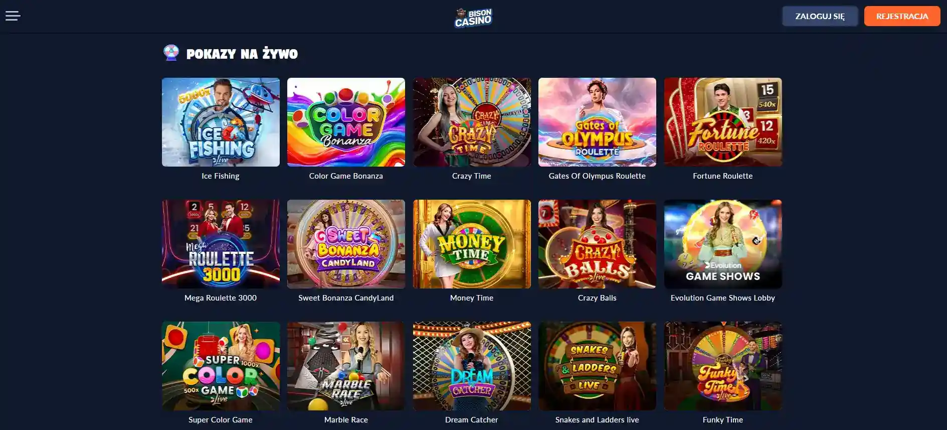 Aktualna sekcja live casino Bison Casino z kafelkami stołów i transmisji