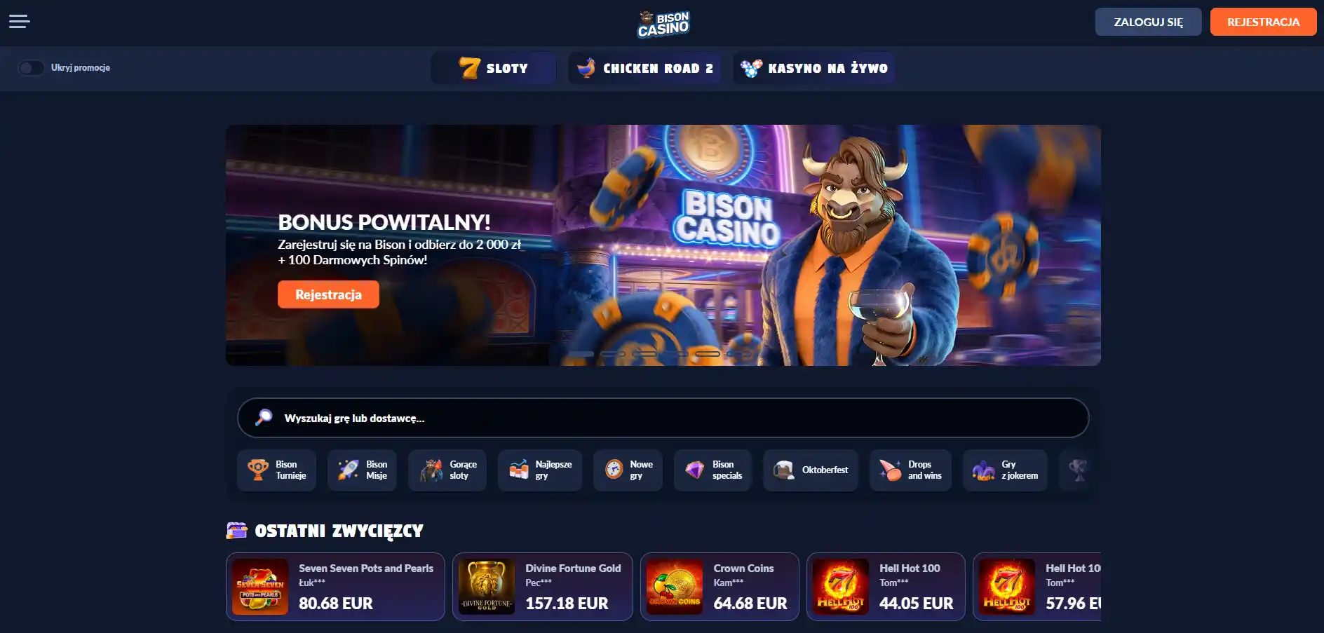 Aktualny interfejs oficjalnej strony Bison Casino